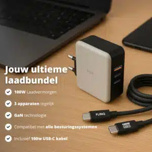 FlinQ Nano GaN 3-Port 100W PD Charger + USB-C Cable - Afbeelding 2