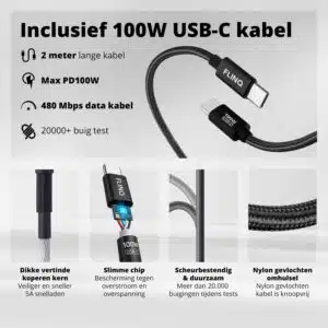 FlinQ Nano GaN 3-Port 100W PD Charger + USB-C Cable - Afbeelding 3