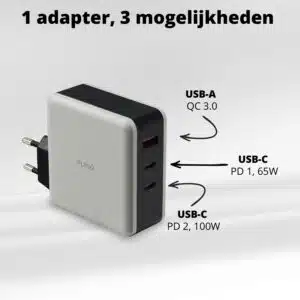 FlinQ Nano GaN 3-Port 100W PD Charger + USB-C Cable - Afbeelding 4