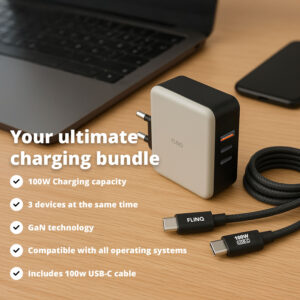 FlinQ 100W Fast Charger USB-C + USB-C Cable - Image 2